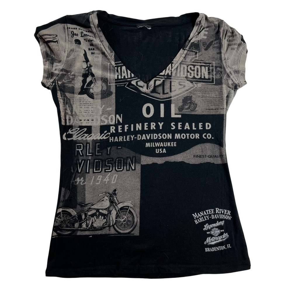 Harley Davidson Biker Graphic V Neck Tee Womens S